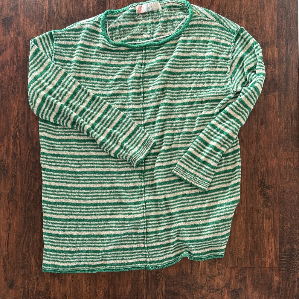 Free People Beach Open Knit Green and White Striped Tunic Sweater